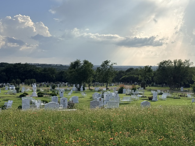 Hilltop view across the cemetery in summer